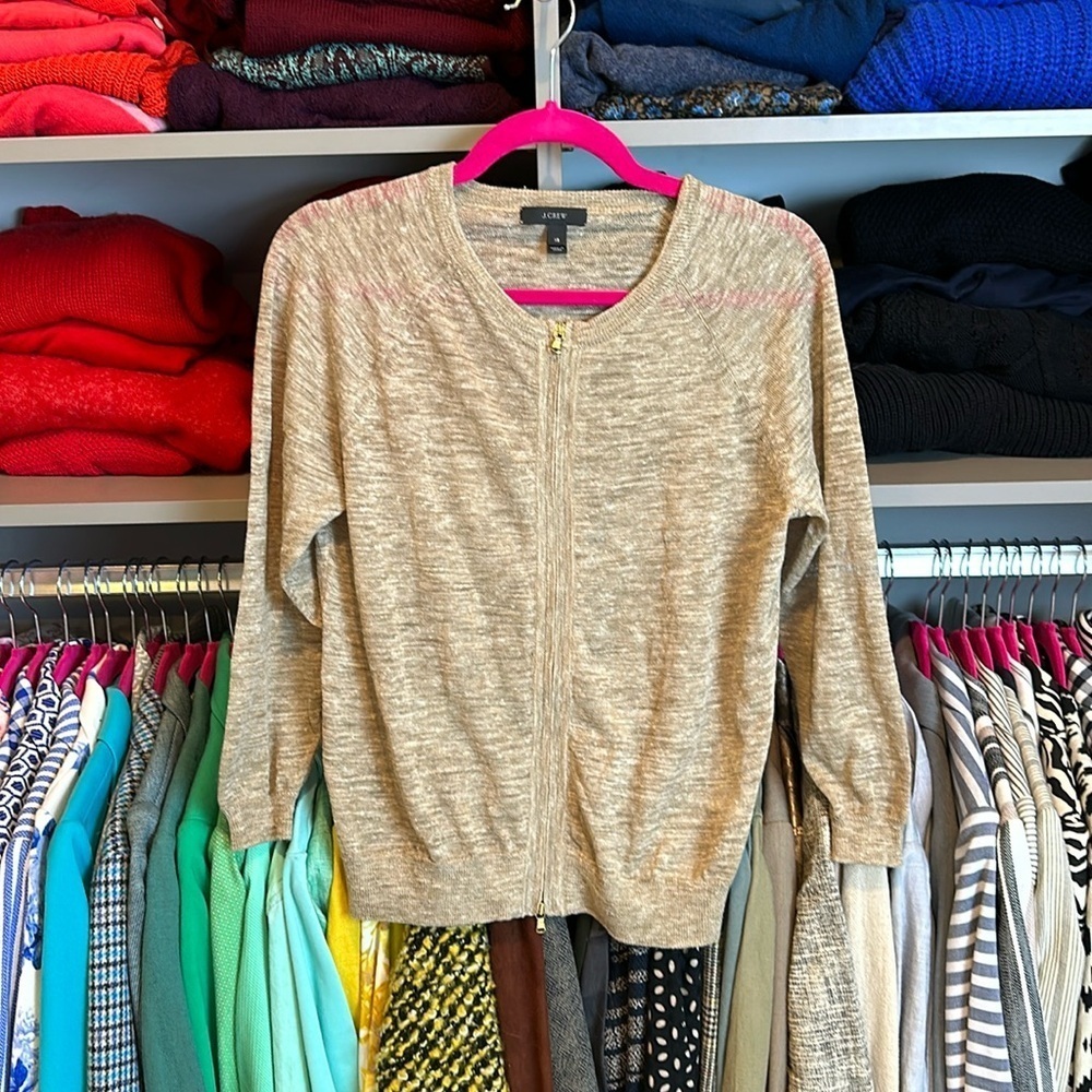 J Crew tan marl long sleeve front zip cardigan size XS